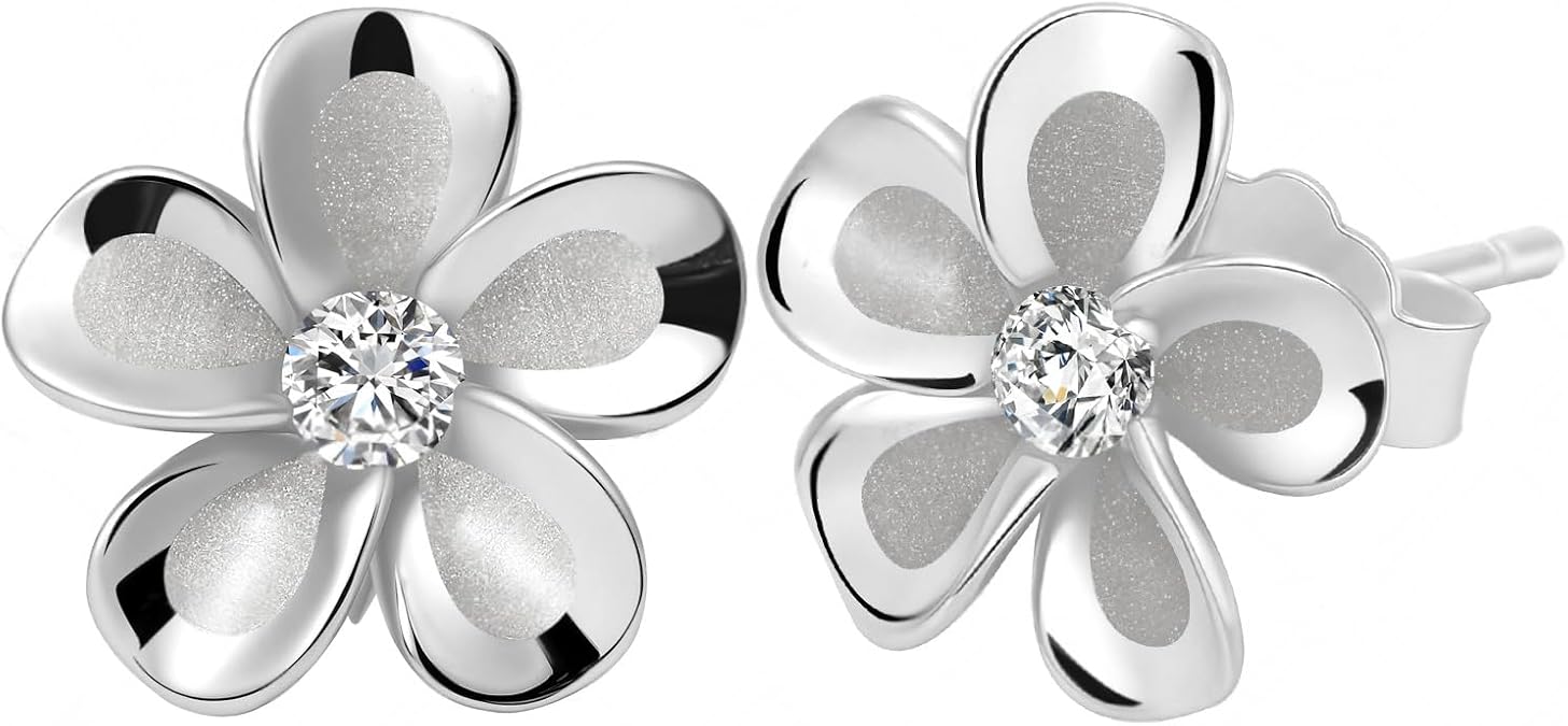 925 Sterling Silver Plumeria Flower Stud Earrings for Women Cubic Zirconia Crystal Flower Stud Earrings for Women Dainty Fashion Mirror Like Sheen and Matte Finish Combination Hypoallergenic Daisy Earring Minimalist Jewelry